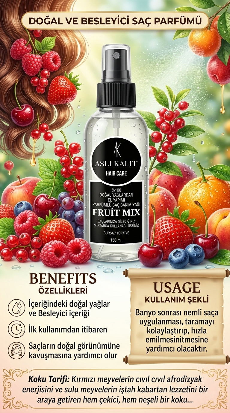 ASLI KALIT ( FruitMix ) Parfümlü Saç Bakım Parfümü Doğal Yağlardan Hair Care Saç Parfümü 150ml